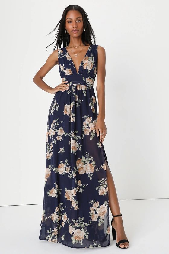 Heavenly Hues Navy Blue Floral Print Maxi Dress | Lulus