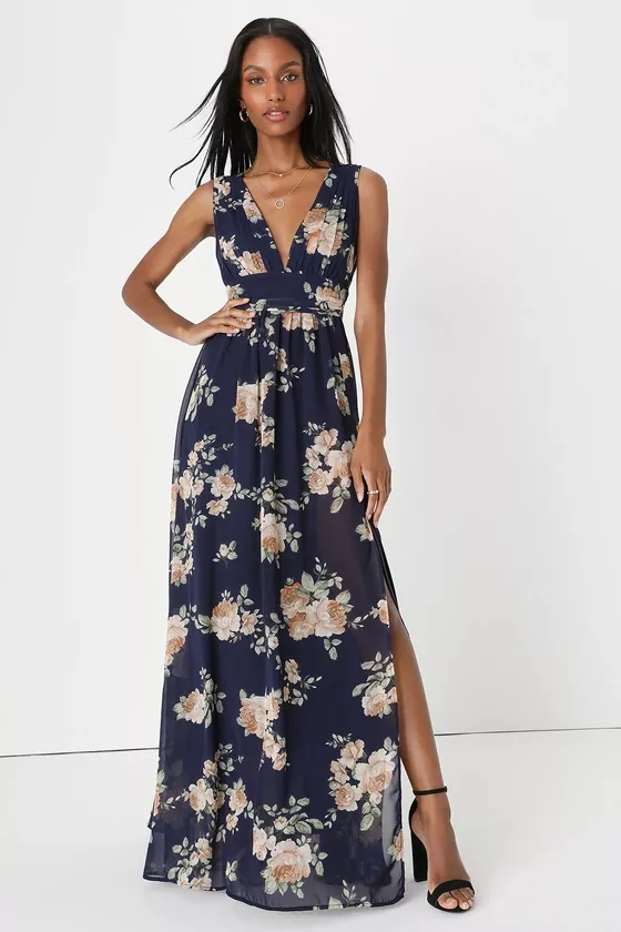 Navy blue 2024 floral maxi dress