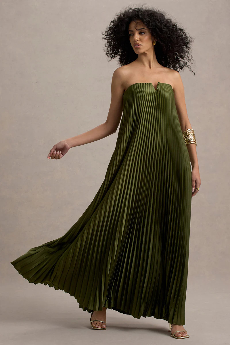 Bergamot  Olive Satin Sweetheart Maxi Dress | Club L London