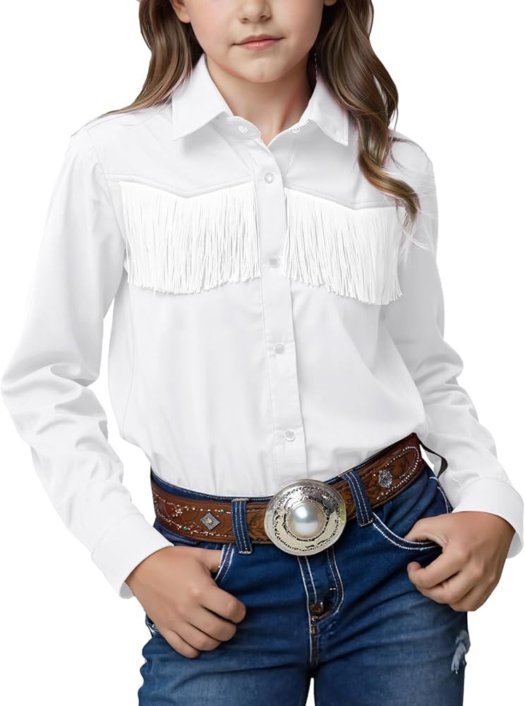 Noomelfish Girls Fringe Snap Button Down Western Shirt Cowgirl Long Sleeve Blouse Tops (5-12 Year... | Amazon (US)