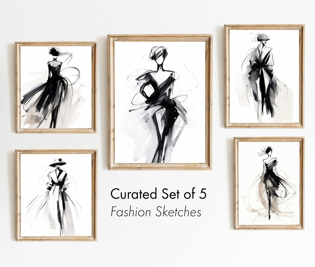 Fashion Sketch Set of 5 Timeless Aesthetic Drawing Art for Living Room Unique Fashion Design Gift... | Etsy (US)