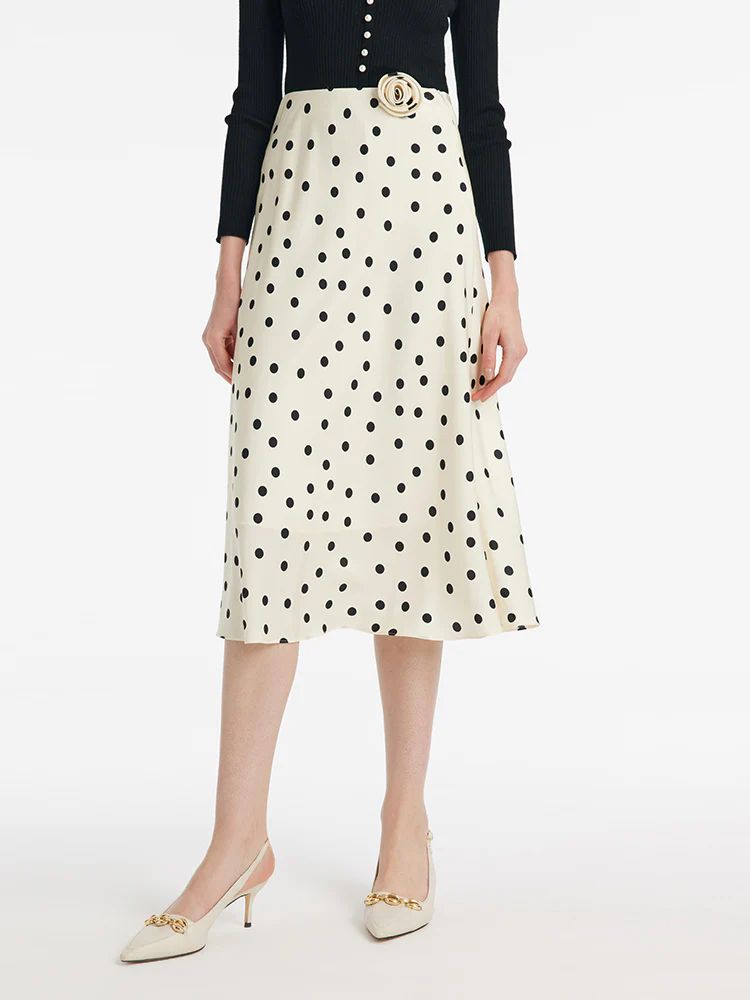22 Momme Mulberry Silk Polka Dots Printed Women Half Skirt With 3D Ros | GOELIA