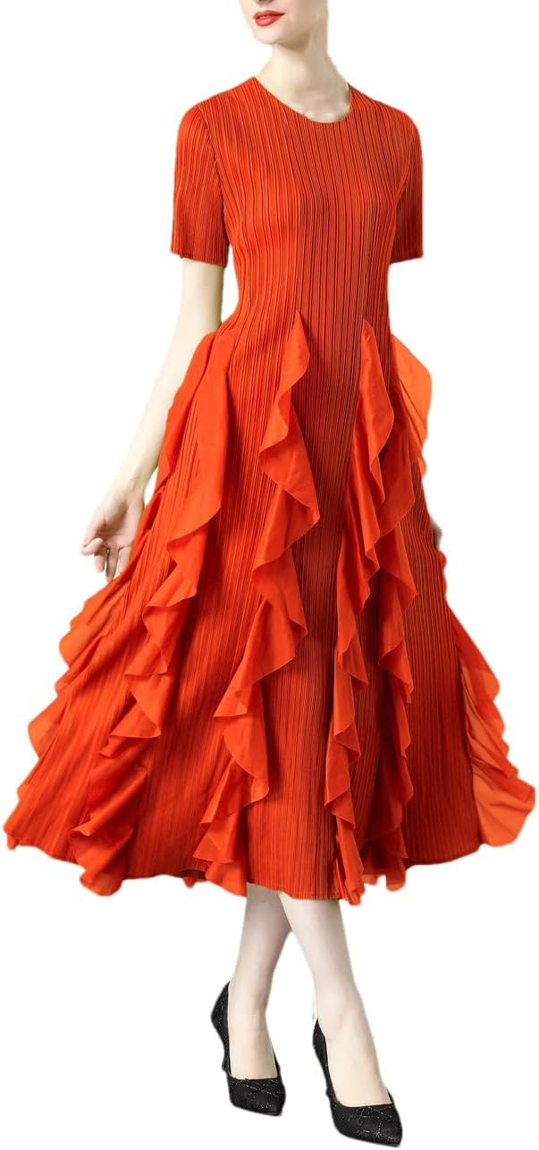 DBFBDTU Dresses for Women Folds Ruffled Edges Round Neck High Waist French Style Long Dress | Amazon (US)