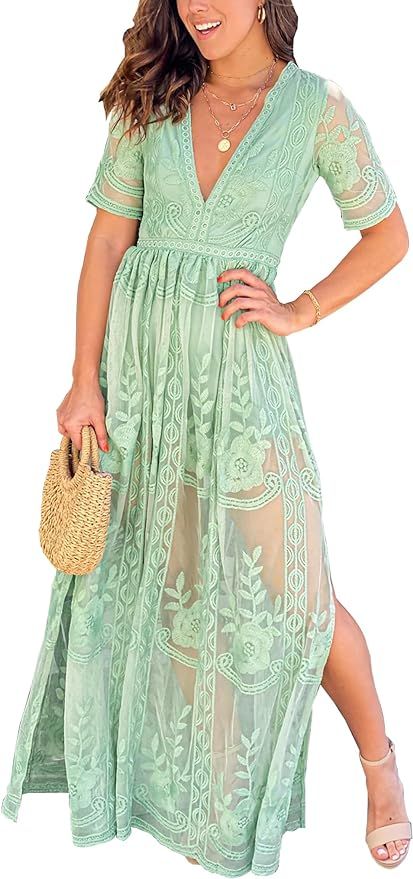LRISES Womens V Neck Floral Embroidered Lace Wedding Maxi Dress Boho Short Sleeve Slit Bridesmaid... | Amazon (US)