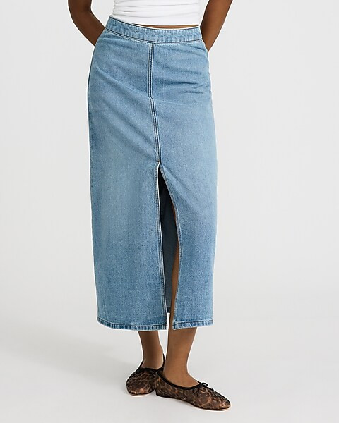High Waisted Light Wash Front Slit Maxi Denim Skirt | Express