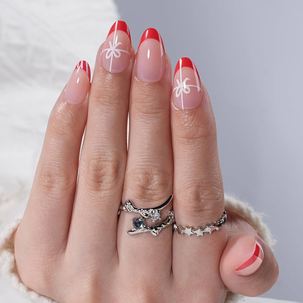 Christmas Press On Nails, Short Almond French Tip Fake Nails Gifted Tips Design, Winter Nails Reu... | Amazon (US)