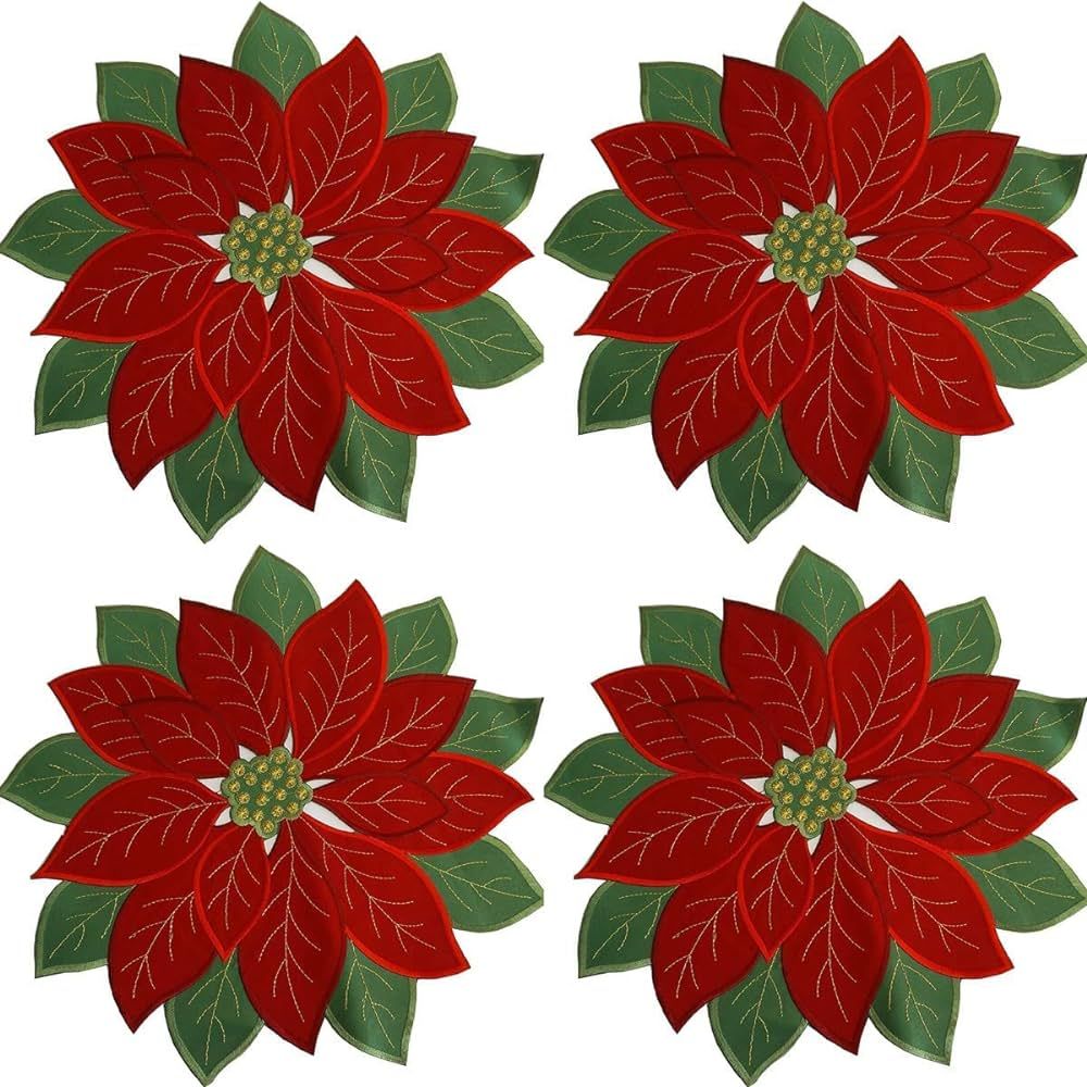 4 Pieces Holiday Christmas Placemats Set of 4 Applique Poinsettia Red with Green Embroidered Flow... | Amazon (US)