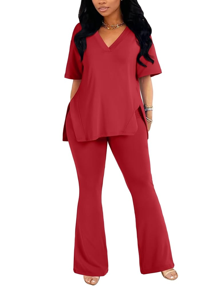 acelyn Women's 2 Piece Outfits Summer V Neck Oversized Split Tops Flare Legging Pants Casual Trac... | Amazon (US)