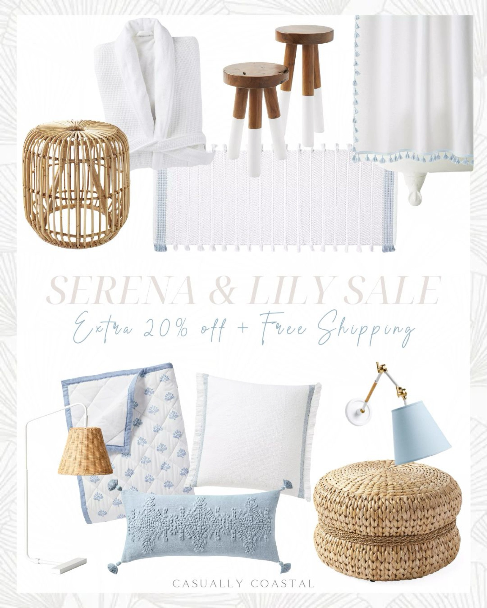Serena & Lily's Tent sale is going on now through 12/31, with items up to 70% off clearance! Use secret code "JOYFUL" to get an additional 20% off sale prices & free shipping! 
-----
coastal home decor, coastal style, beach house furniture, beach house decor, coastal furniture, rattan furniture, woven furniture, living room furniture, bedding on sale, blue quilts, white quilts, block print quilts, velvet quilts, coastal bedding, primary bedroom decor, white duvet covers, coastal duvet covers, round side tables, ottomans, bedding refresh, bedroom refresh, bedding on sale, coastal bathroom decor, white shower curtains, white bathroom rug, white robes, spa robes, wood stools, plants stands, stools next to tub, desk lamps, white pillow covers, white pillow shams, blue lumbar pillows, bedroom pillow styling, bed pillow combos, coastal sconces, wall sconces, rattan sconces, dipped stools, round poufs, bath mats, bathroom decor, bathroom refresh

#LTKFindsUnder100 #LTKHome #LTKSaleAlert