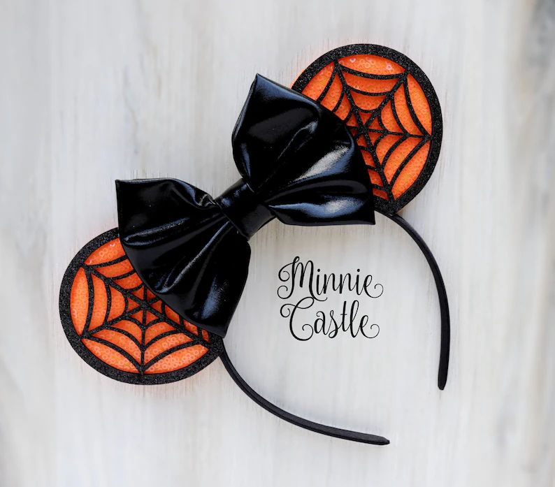 Halloween Minnie ears, Black and Orange Halloween Mickey Ears, Halloween Ears, Spiderweb Hallowee... | Etsy (US)