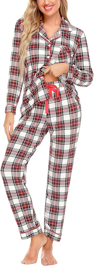 Senert Pajamas Set For Women Long Sleeve Sleepwear with Pockets Soft Button Down Shirt Long Pants... | Amazon (US)