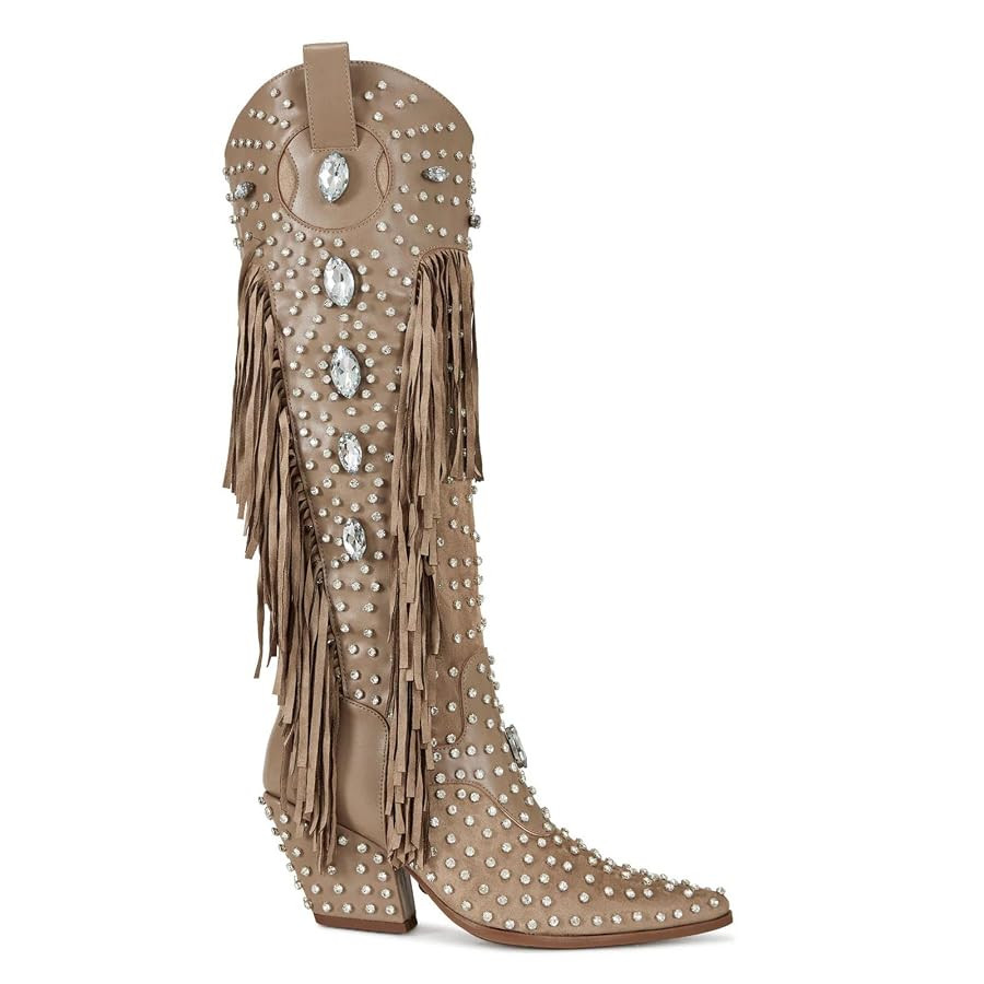 Women's Fringe Western Cowgirl Boots Pointed Toe Rhinestone Mid Calf Cowboy Boots for Women | Amazon (US)