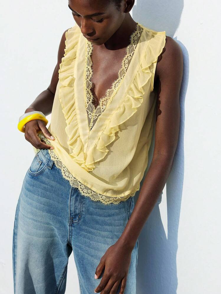 SHEIN X Scot Louie Maija Women's Yellow Lace Patchwork Deep V Neck Ruffle Sleeveless Top,Elegent Summmer Brunch Fashionable Urban Country Top For Street Party Date | SHEIN