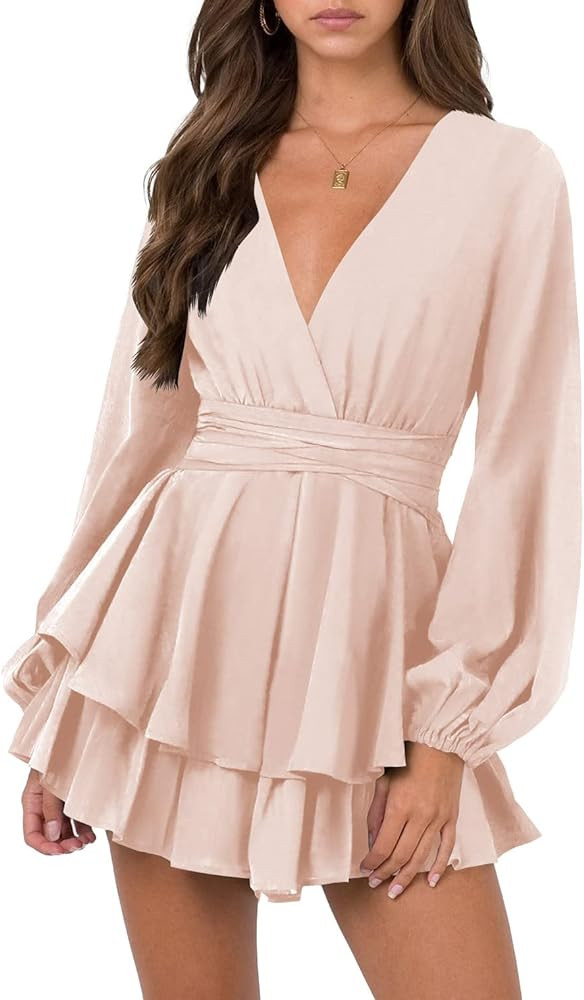 Nova In Sky Womens Sexy Deep V Neck Long Sleeve Tie Waist Ruffle Hem Flowy Swing Mini Short Wrap ... | Amazon (US)