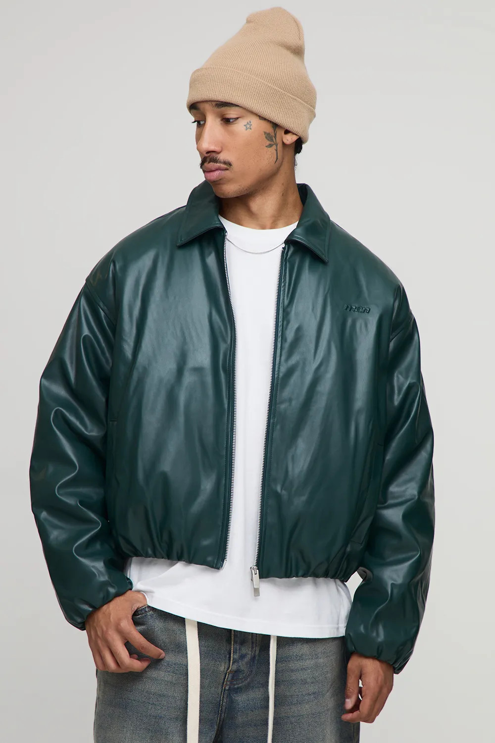 Oversized Boxy Padded PU Fold Collar Bomber Jacket | boohooMAN (US & Canada)