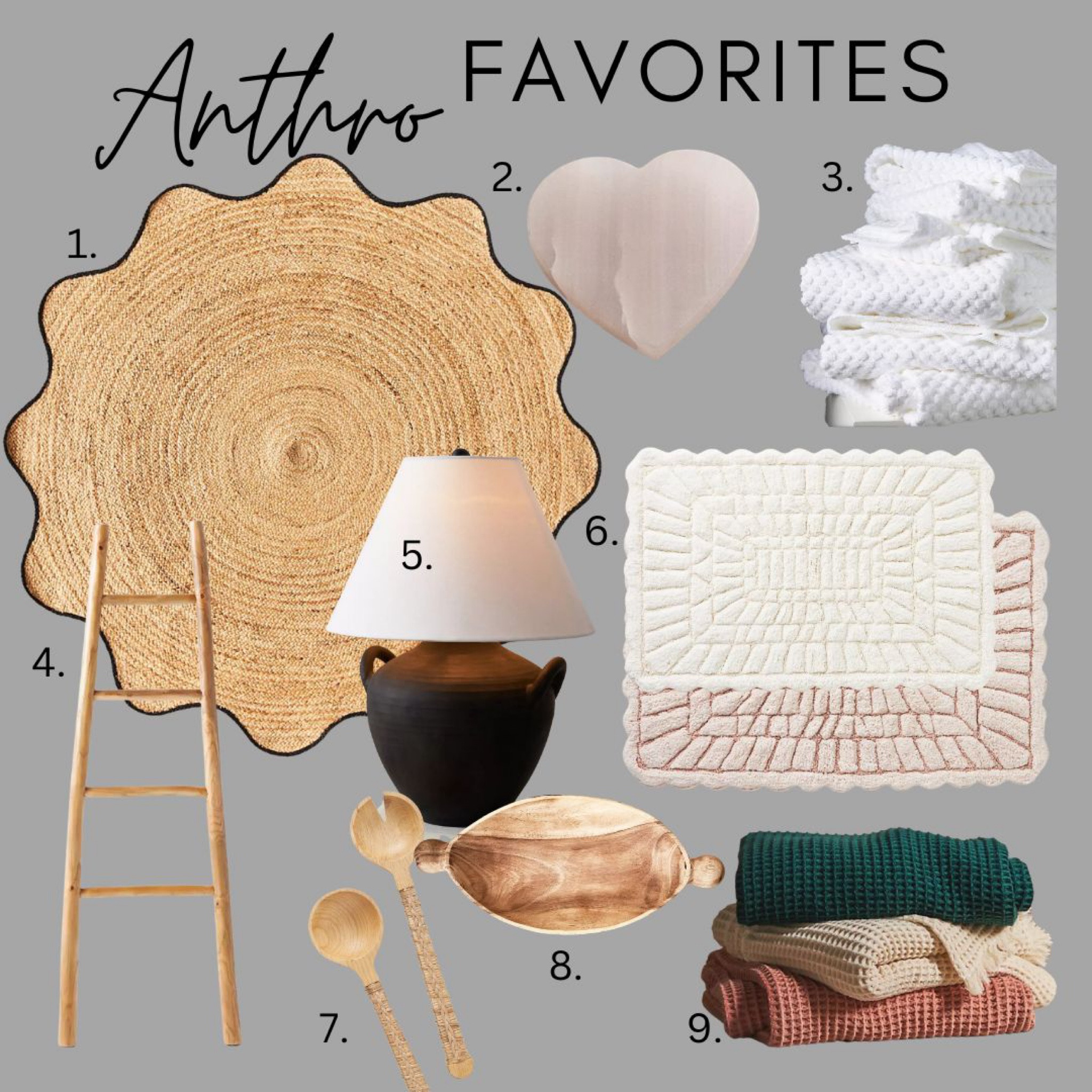 Anthro favorites! 
Jute rug
Lamp
Throw
Bath towels
Heart coasters 
Bath mat 
Wood bowl
Serving spoons 

#LTKhome #LTKFind