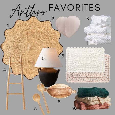 Anthro favorites! 
Jute rug
Lamp
Throw
Bath towels
Heart coasters 
Bath mat 
Wood bowl
Serving spoons 

#LTKhome #LTKFind