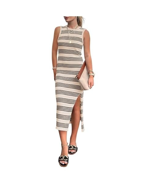 BTFBM Women's Sleeveless Summer Dresses 2024 Crew Neck Casual Sundress Hollow Out Side Slit Bodyc... | Amazon (US)