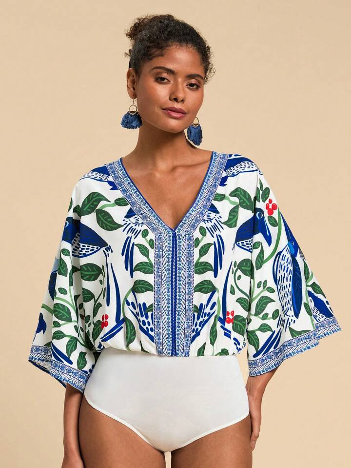 Travachic Vacation Casual Floral Print V-Neck Batwing Sleeve Tied Back Bodysuit | SHEIN