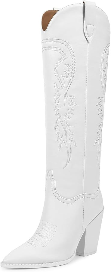 ISNOM Women's Cowgirl Boots Pull On Knee High Boots, Cowboy Western Embroidered Chunky Block Heel... | Amazon (US)