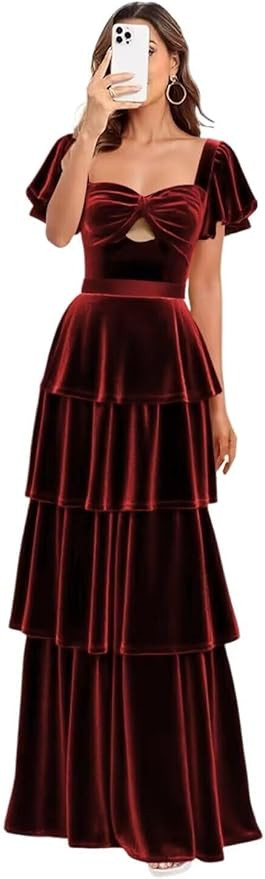 Flutter Sleeves Bridesmaid Dresses for Women Ruffles Velvet Prom Dress 2026 Maxi Cut Out Pageant ... | Amazon (US)