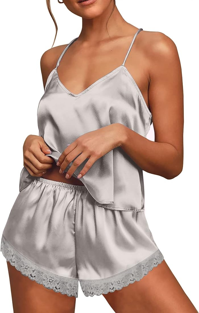 Ekouaer Satin Pajamas Women Lace Sleepwear Lingerie Cami Shorts Set Nightwear XS-XXL | Amazon (US)