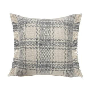 Angelica White / Grey Striped Plaid Fringed Casual Soft Poly-fill 20 in. x 20 in. Indoor Throw Pi... | The Home Depot