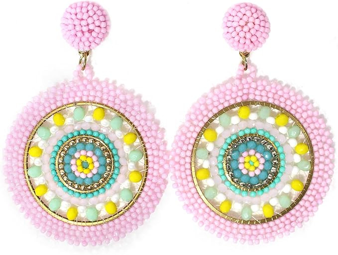 Handmade Beaded Bright Neon Colorful Post Round Earrings for Women Girl All Season | Amazon (US)