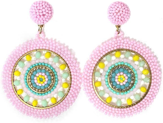 Handmade Beaded Bright Neon Colorful Post Round Earrings for Women Girl All Season | Amazon (US)