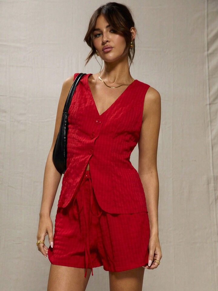 MUSERA Red Textured Woven Waistcoat | SHEIN
