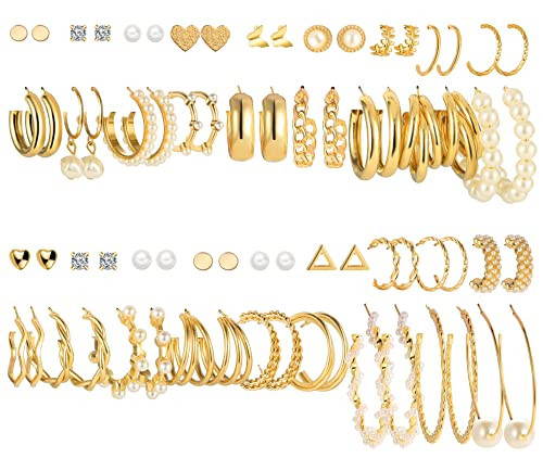 FAXHION 36 Pairs Gold Earrings Set for Women, Fashion Pearl Chain Link Stud Drop Dangle Earrings Multipack Hoop Earring Packs, Hypoallergenic Earrings for Birthday Party Jewelry | Amazon (US)