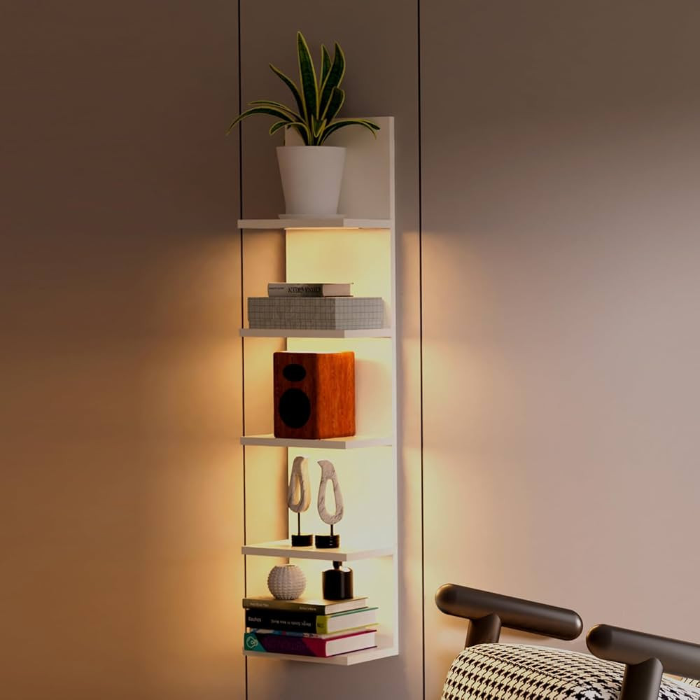 5-Tier Wall Shelf Unit, White Floating Shelves with LED Light, Lack Shelf for Bedroom Living Room... | Amazon (US)