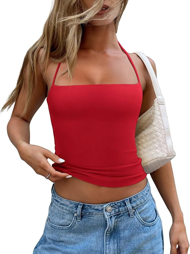 REORIA Womens Square Neck Halter Tank Tops Backless Crop Tops Sleeveless Double Lined Tops Y2K Go... | Amazon (US)