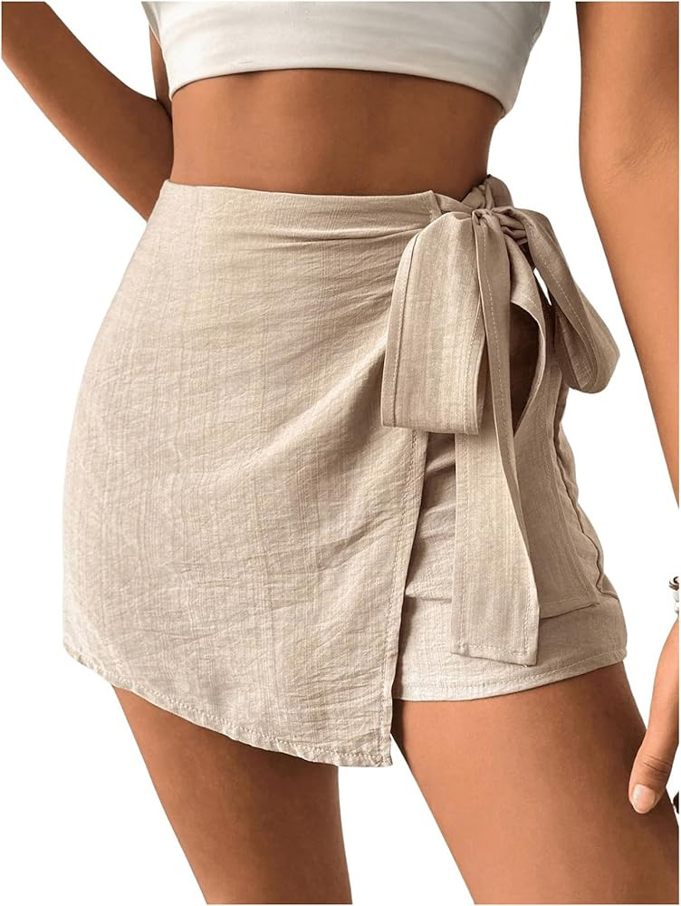 WDIRARA Women's Belted High Waist Mini Wrap Shorts Casual Asymmetrical Hem Skorts | Amazon (US)