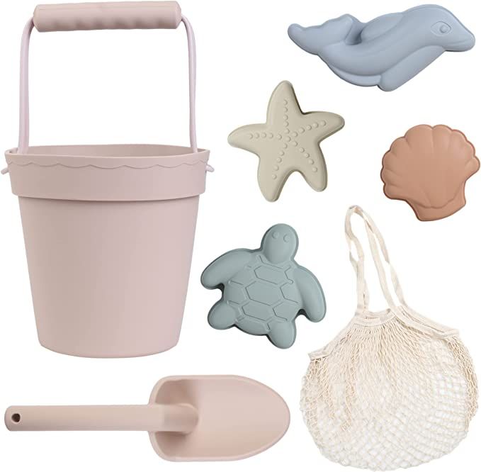 BLUE GINKGO Modern Baby Toys | Travel Friendly Beach Set | Silicone Bucket, Shovel, 4 Sand Molds,... | Amazon (US)
