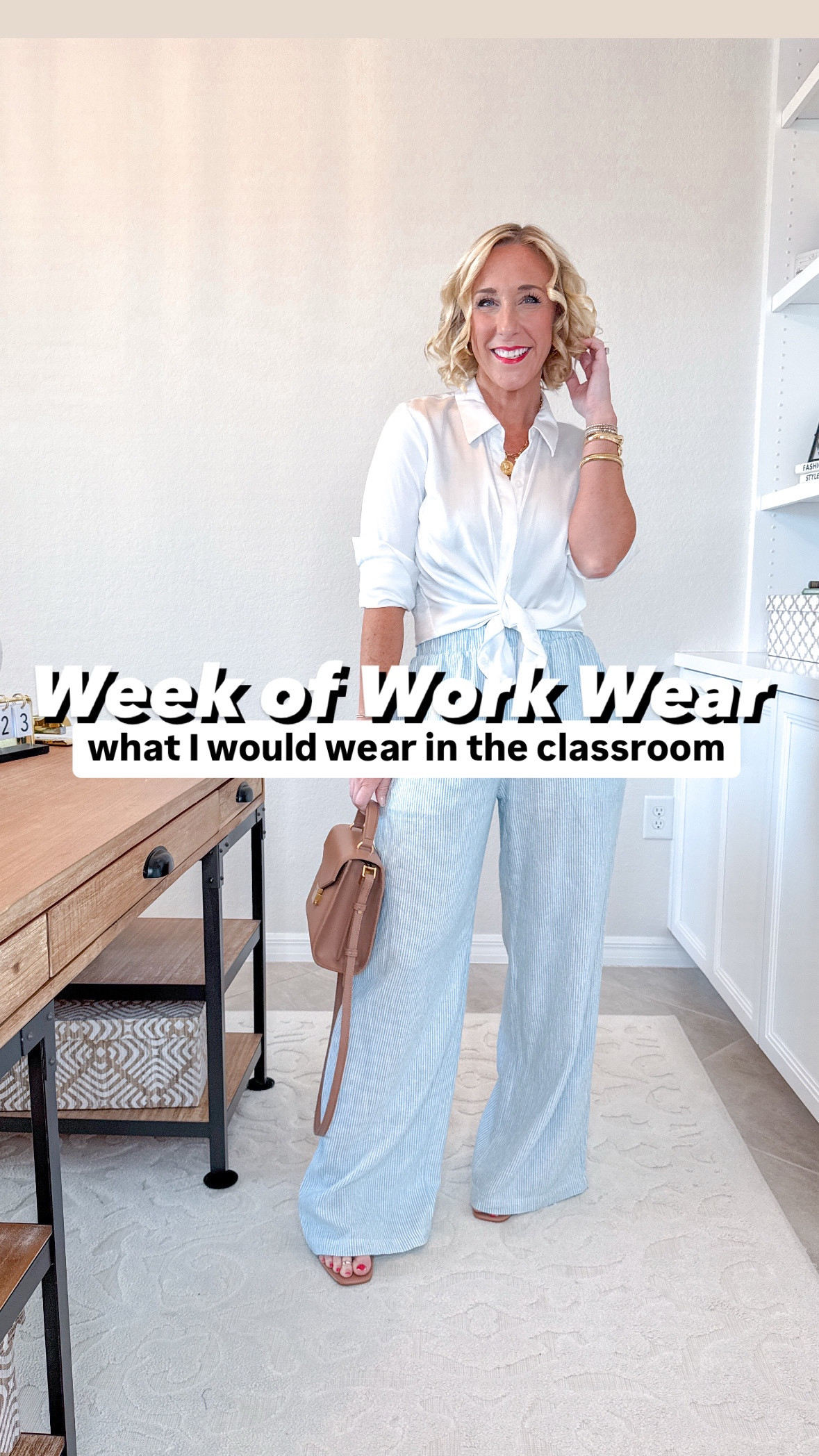Week of Work Wear:
• 2-piece set (from beginning) - size small  
1. MONDAY: • Satin button-down shirt - size small. • wide leg linen pants - size XS. • clear strap wedges - tts. 
2. TUESDAY: • yellow Swiss dot dress - size small. • denim jacket - size small. • heel - tts. 
3. WEDNESDAY: • sleeveless sweater - size small. • printed pants - size small. • oversized denim jacket - size small. • sandals - tts. 
4. THURSDAY: • double-cloth midi shirt dress - size XS. 
5. FRIDAY: striped henley t-shirt - size small. • wide leg tie waist jeans - mine are unfortunately old, BUT I linked a few options.

#LTKWorkwear #LTKSeasonal #LTKFindsUnder50