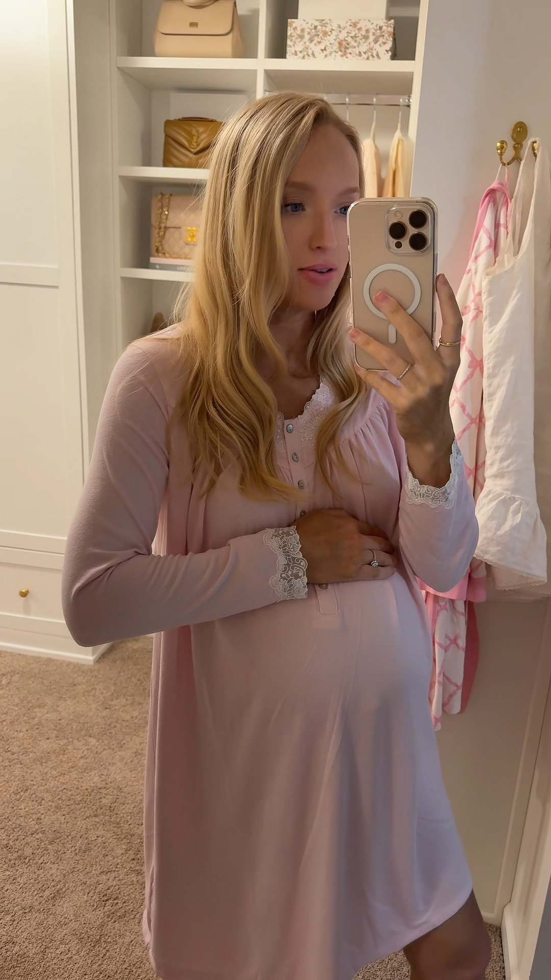 New obsession unlocked - pretty grandma ish pajamas!! I bought this for my hospital bag and postpartum but I’m breaking it in early because it’s so comfy. There’s so many pretty options I think I’ll be adding more to my collection - linking my faves below! They also have blue options if you’re expecting a boy and want to be on theme :) I’m wearing the XS here the brand suggested sizing down 1 size. Its nursing friendly with the buttons

#LTKBump