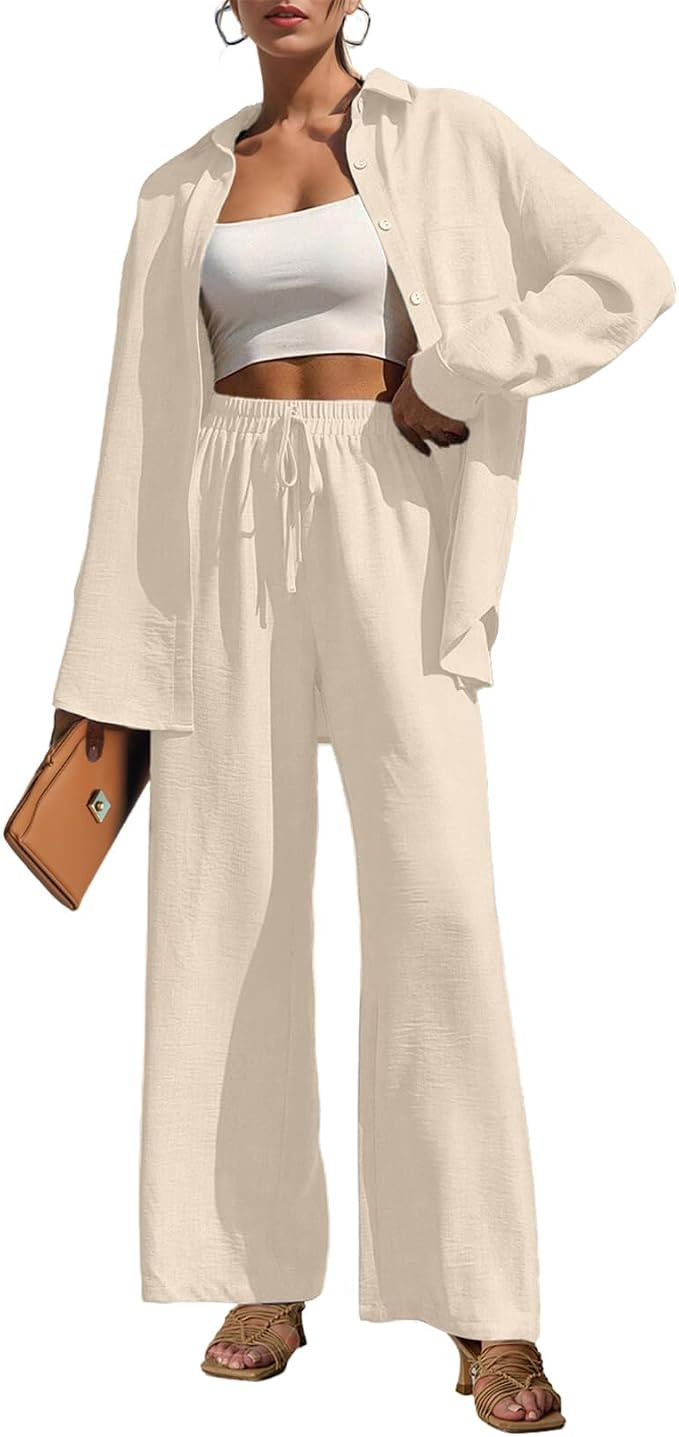 Lepunuo 2 Piece Outfits for Women Casual Lounge Sets Long Sleeve Button Down Shirts and Wide Leg ... | Amazon (US)