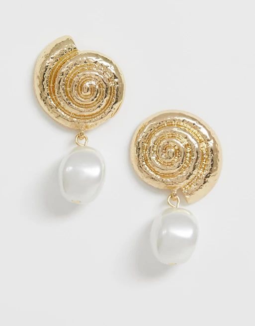 ASOS DESIGN earrings in asymmetric shell and pearl design in gold | ASOS US