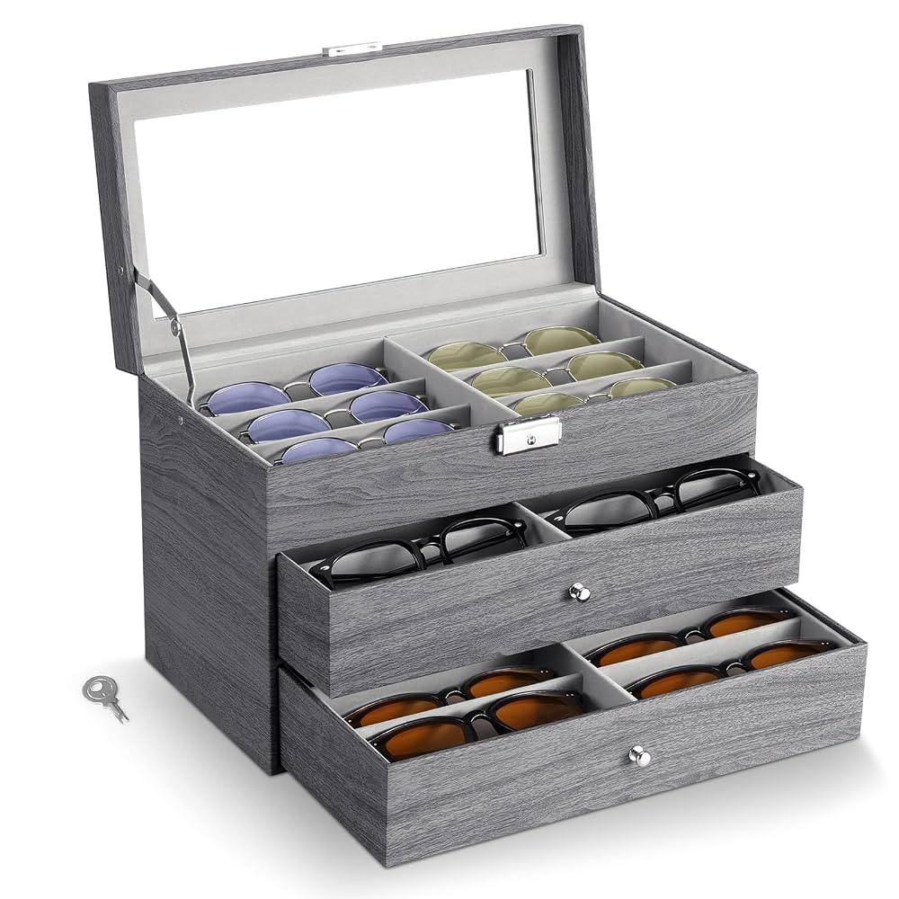 MoKo Sunglasses Organizer, Leather Sunglass Display Collection Holder Case with Drawer Clear Glas... | Amazon (US)