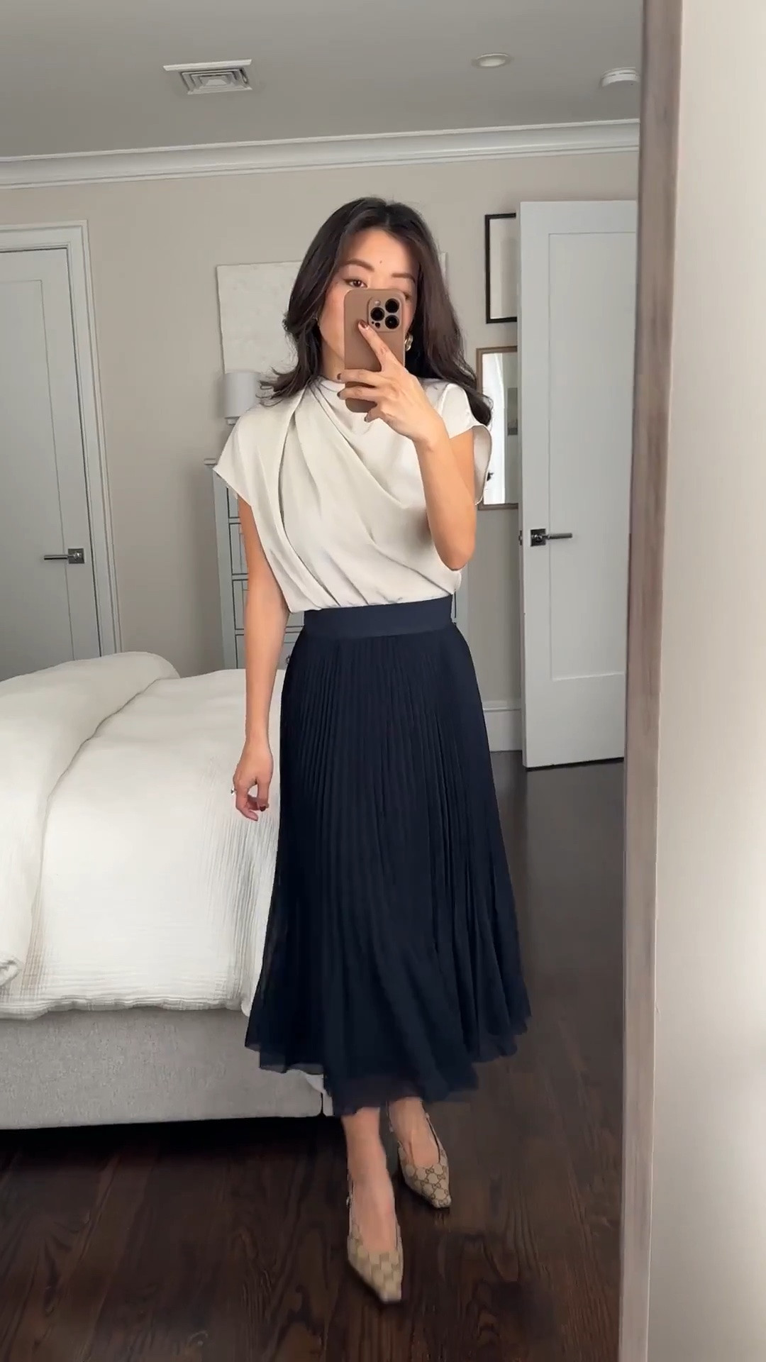 Sitewide sale ends tomorrow!
• Aritzia Blouse XXS. Mine is an old color but loving the look of the new Seaside Cream! I also have navy.

Roomier fit with lightweight fabric that drapes and tucks in fluidly. I wear a neiwai bra for coverage under around the armholes

•Twirl pleated skirt in navy xxs - stretch waist and very floaty! I have a 25” waist and this is the xxs which sits higher at my natural waist. 
I also tried XS which is slightly looser on me, measures 12.25” across the elastic waist band (has stretch).

Petite friendly workwear, elegant style

#LTKPetite #LTKWorkwear #LTKootd