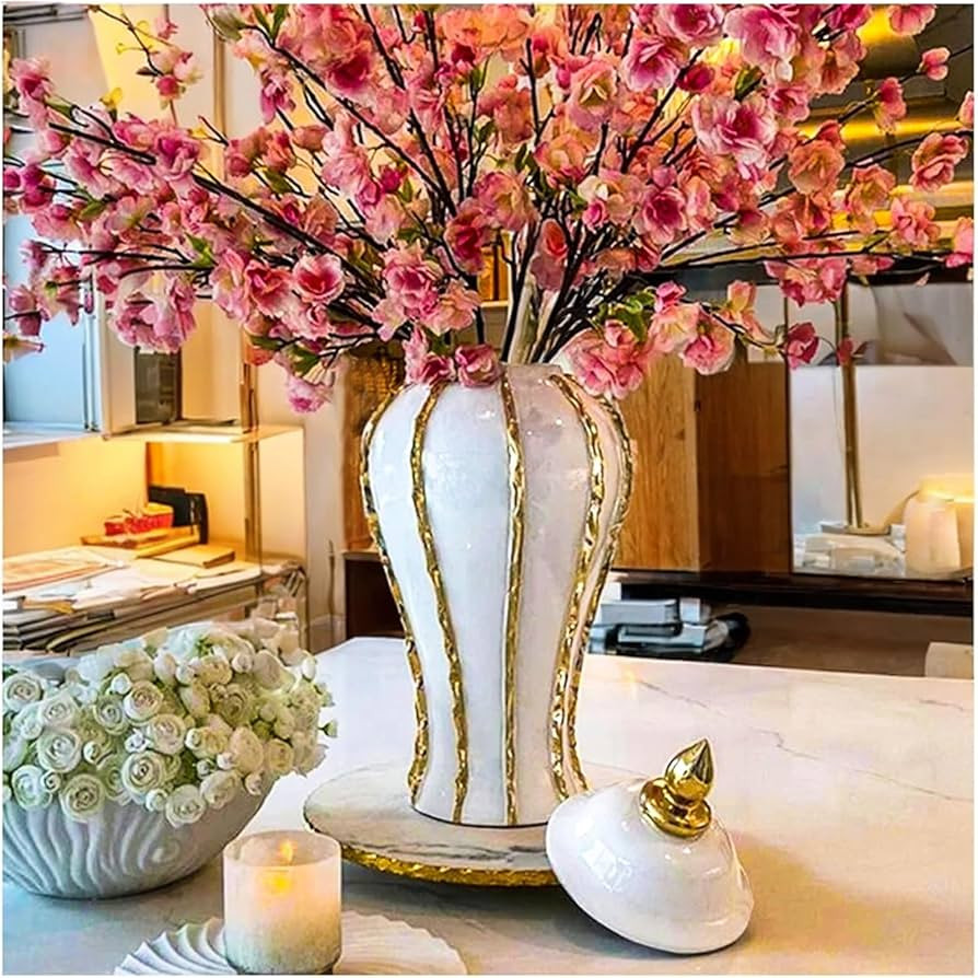 Ginger Jar, White Gold Ceramic Vase Large Handmade Porcelain Vases with Lid, White Gold Decorativ... | Amazon (US)
