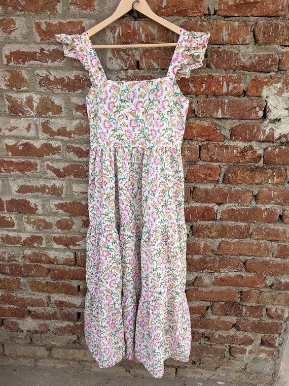 Hand Block Printed Dress, Summer Dress, pink Cotton frill Dress, Long block print dress, Indian c... | Etsy (US)