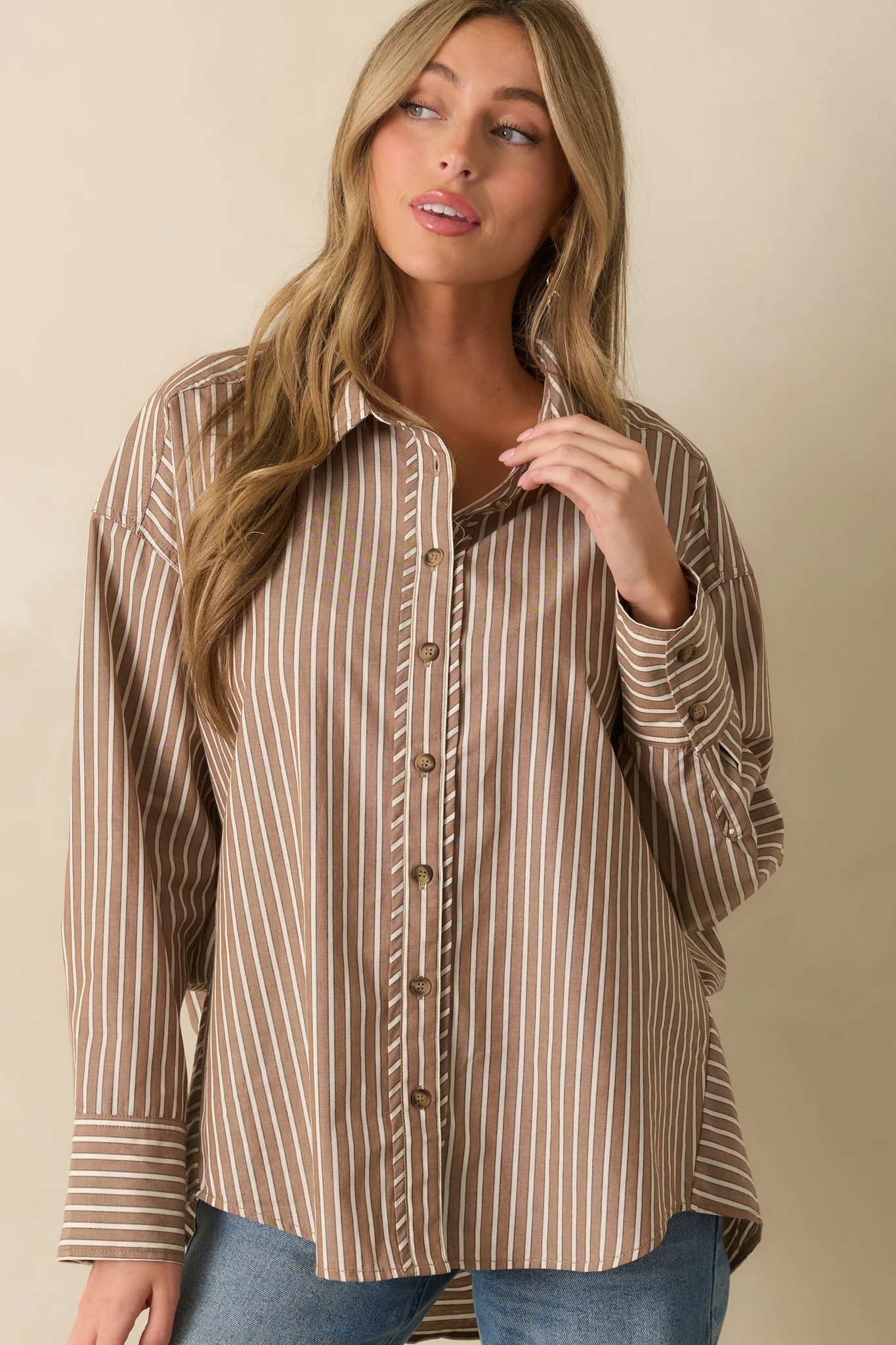 Just What You Wanted Mocha Brown Stripe Cotton Button Up Shirt | Red Dress