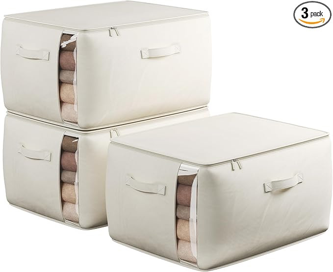 Large Canvas Clothes Storage Bags with Thick Handles and Clear Window, Foldable Cotton Linen Clos... | Amazon (US)