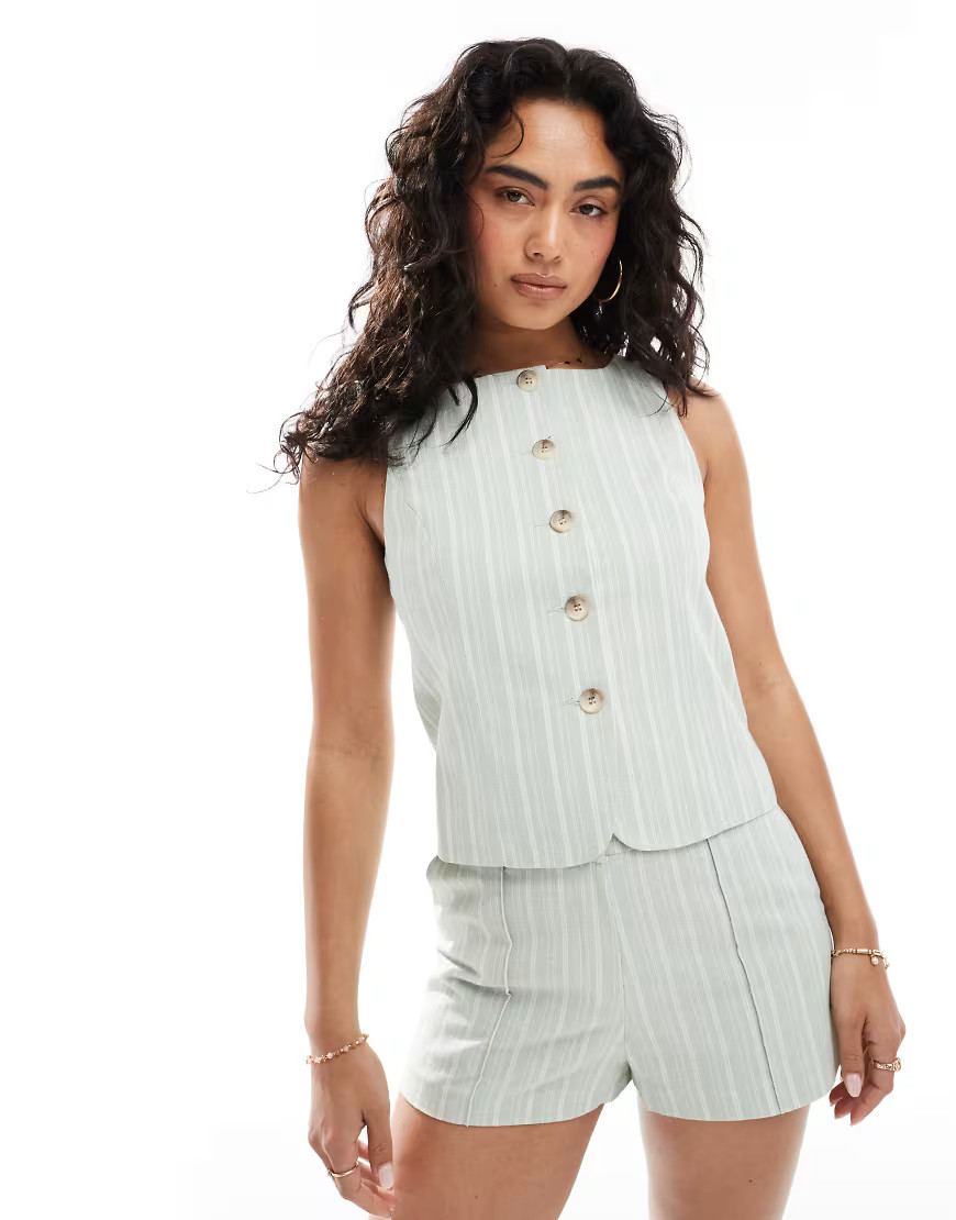 Miss Selfridge tailored button up vest in green stripes - part of a set | ASOS (Global)