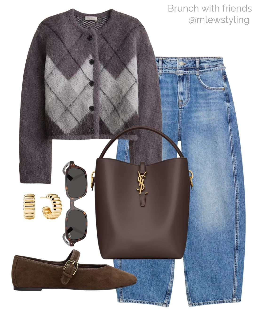 Fall outfit for brunch with friends 🤍

Tags: new in Zara barrel leg jeans, argyle cardigan sweater, ysl tote bag, suede ballet flats, rayban sunglasses, gold hoop earrings, fall trends, autumn outfit, elevated everyday look 

#LTKSeasonal #LTKShoeCrush #LTKItBag