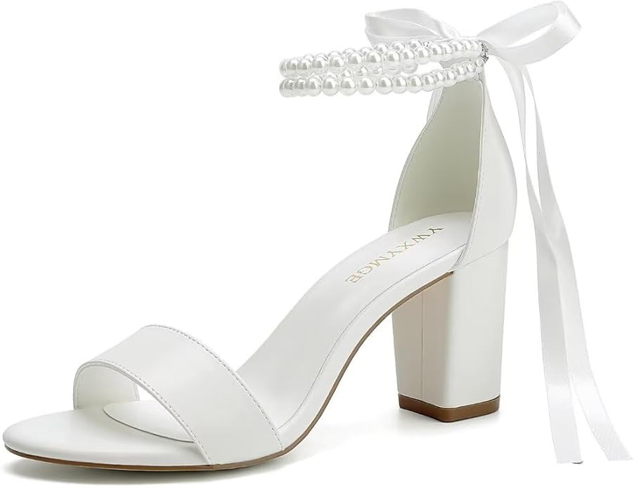 Block Heel Wedding Shoes for Bride Women Chunky Heeled Sandals Pearl Bridal Shoes | Amazon (US)