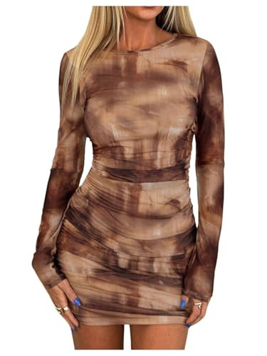 SOLY HUX Women's Long Sleeve Bodycon Mini Dress Tie Dye Party Pencil Dresses Night Out Outfits Brown Multi Small | Amazon (US)