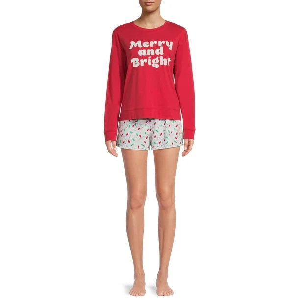 Grayson Social Women's and Women's Plus Christmas Long Sleeve Top and Sleep Shorts Set, 2-Piece -... | Walmart (US)